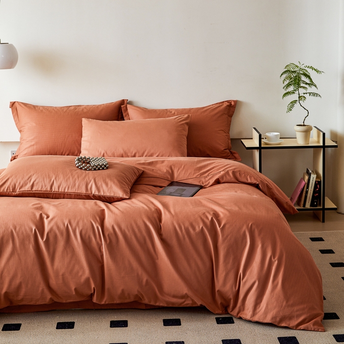 91家纺网 家纺一手货源 找家纺 怡家居 2023新款全棉100支磨毛纯色四件套 晚霞红