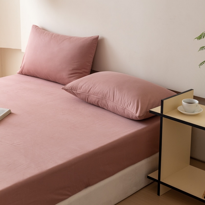 91家纺网 家纺一手货源 找家纺 怡家居 2023新款全棉100支磨毛纯色单品床笠 雾玫粉