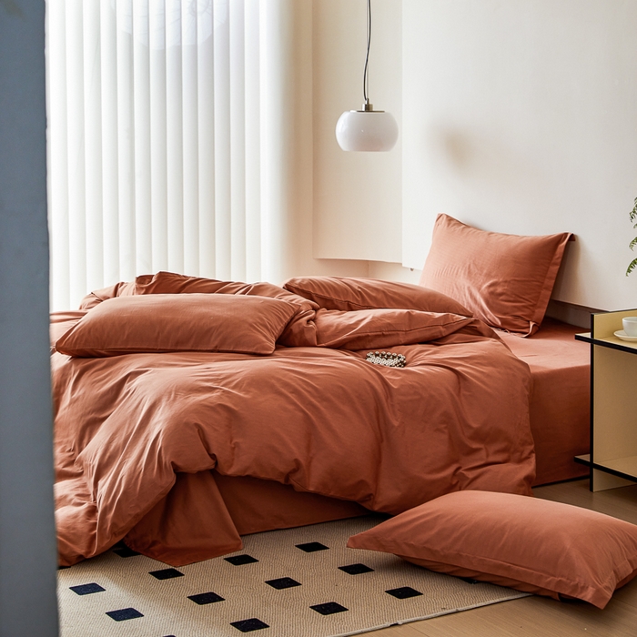 91家纺网 家纺一手货源 找家纺 怡家居 2023新款全棉100支磨毛纯色四件套 晚霞红