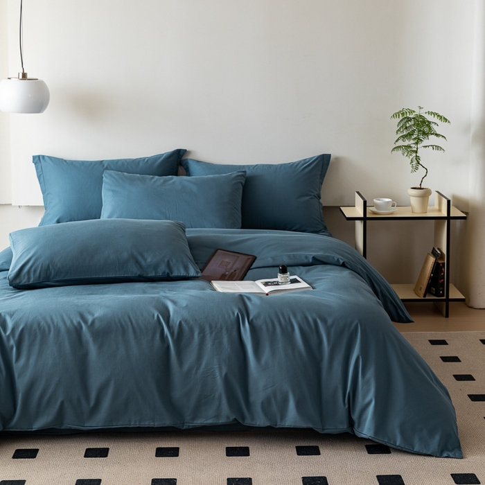 91家纺网 家纺一手货源 找家纺 怡家居 2023新款全棉100支磨毛纯色四件套 宾利蓝