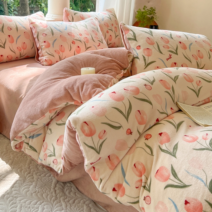 91家纺网 家纺一手货源 找家纺 仟网汇 2023新款双面印花牛奶绒四件套 郁金香