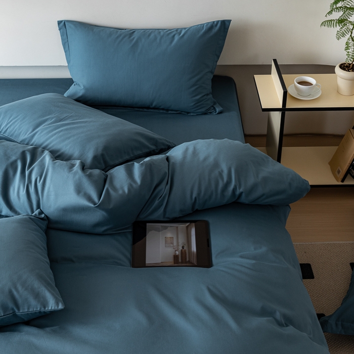 91家纺网 家纺一手货源 找家纺 怡家居 2023新款全棉100支磨毛纯色四件套 宾利蓝