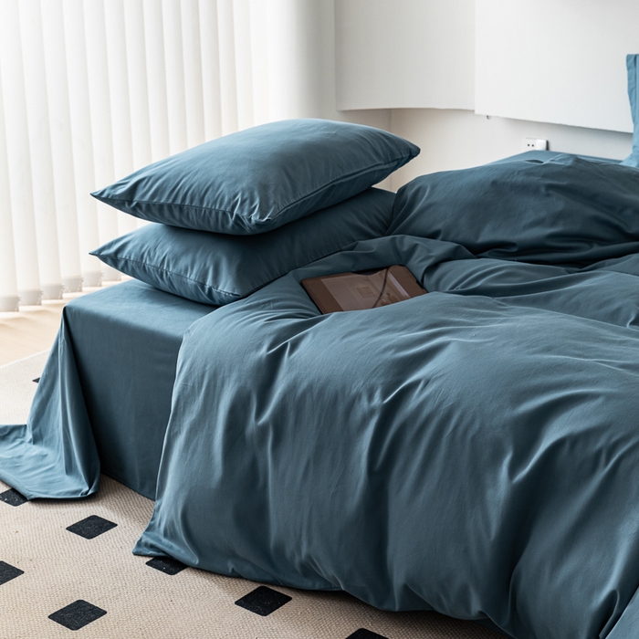 91家纺网 家纺一手货源 找家纺 怡家居 2023新款全棉100支磨毛纯色四件套 宾利蓝