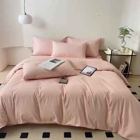 91家纺网 家纺一手货源 找家纺 怡家居 2023新款全棉100支磨毛纯色四件套 茱萸粉