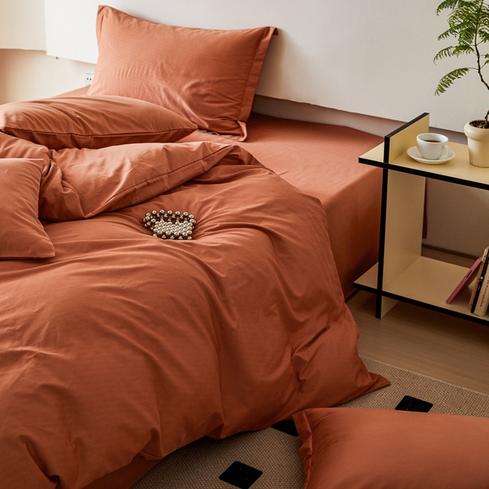91家纺网 家纺一手货源 找家纺 怡家居 2023新款全棉100支磨毛纯色四件套 晚霞红