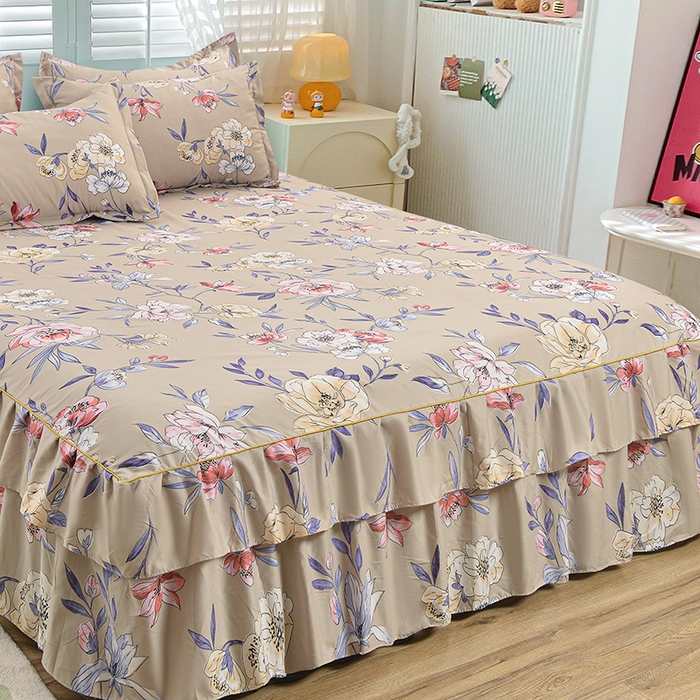 91家纺网 家纺一手货源 找家纺 小雨家纺 2026新款芦荟棉单件床裙及床裙三件套-第二批 静美花颜-棕