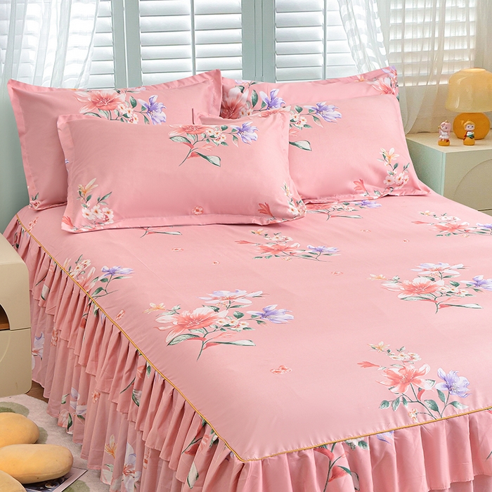 91家纺网 家纺一手货源 找家纺 小雨家纺 2026新款芦荟棉单件床裙及床裙三件套-第二批 花间彩云-粉