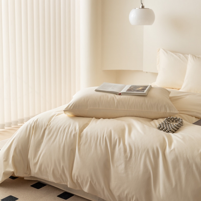 91家纺网 家纺一手货源 找家纺 怡家居 2023新款全棉100支磨毛纯色四件套 奶昔白