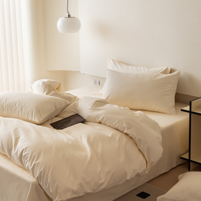 91家纺网 家纺一手货源 找家纺 怡家居 2023新款全棉100支磨毛纯色四件套 奶昔白