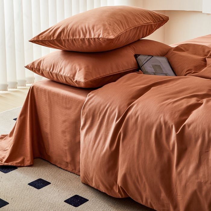 91家纺网 家纺一手货源 找家纺 怡家居 2023新款全棉100支磨毛纯色四件套 晚霞红