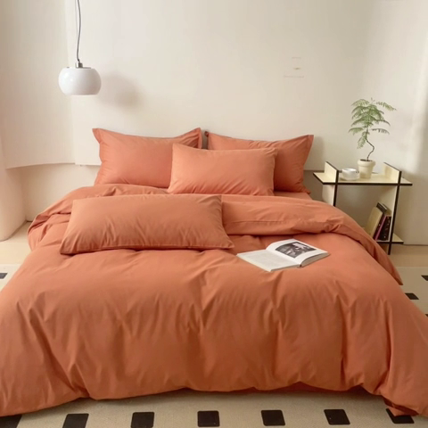 91家纺网 家纺一手货源 找家纺 怡家居 2023新款全棉100支磨毛纯色四件套 晚霞红