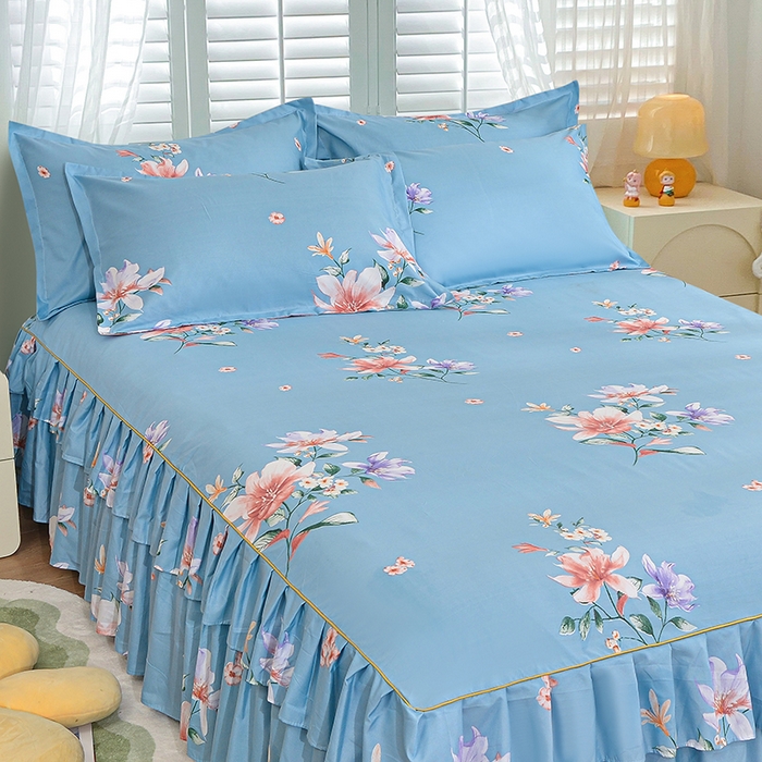 91家纺网 家纺一手货源 找家纺 小雨家纺 2026新款芦荟棉单件床裙及床裙三件套-第二批 花间彩云-蓝