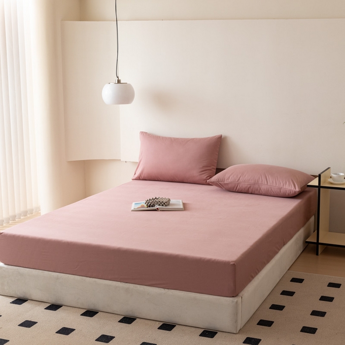 91家纺网 家纺一手货源 找家纺 怡家居 2023新款全棉100支磨毛纯色单品床笠 雾玫粉