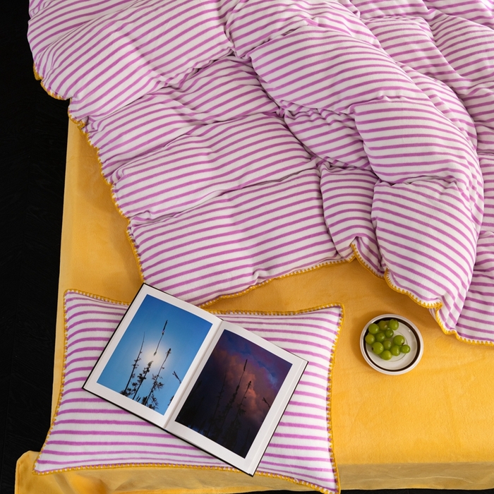 91家纺网 家纺一手货源 找家纺 洋铭区（原狠狠爱） 2023新款ab版牛奶绒心动系列条纹四件套 心动紫白条