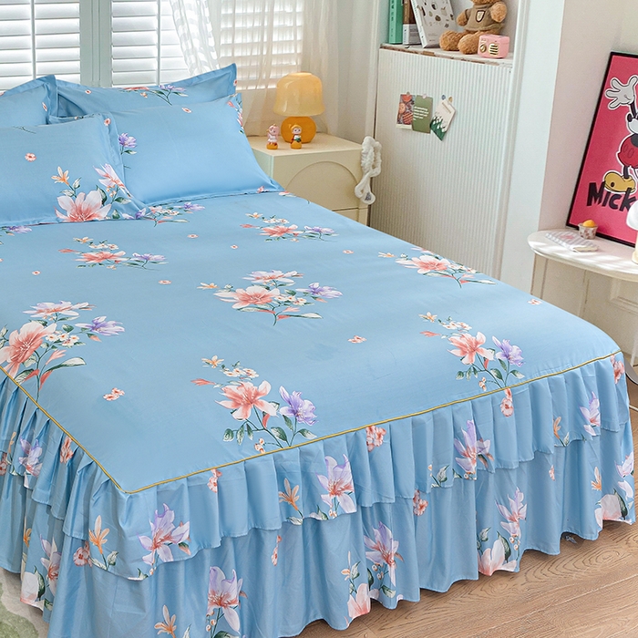 91家纺网 家纺一手货源 找家纺 小雨家纺 2026新款芦荟棉单件床裙及床裙三件套-第二批 花间彩云-蓝