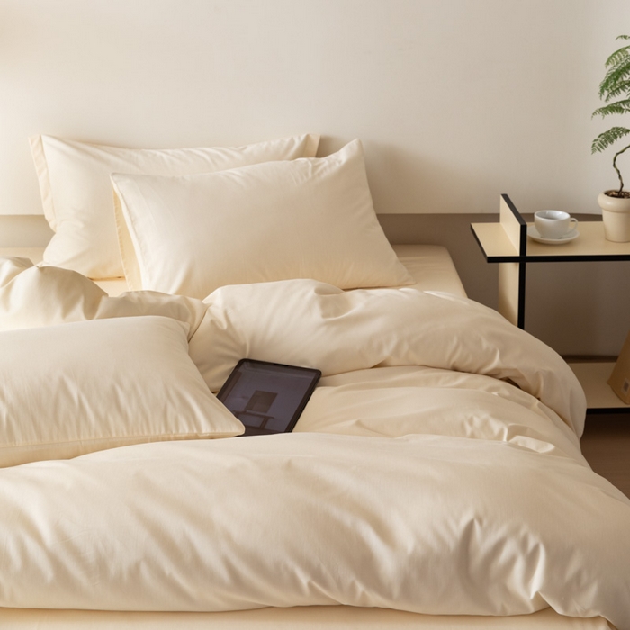 91家纺网 家纺一手货源 找家纺 怡家居 2023新款全棉100支磨毛纯色四件套 奶昔白