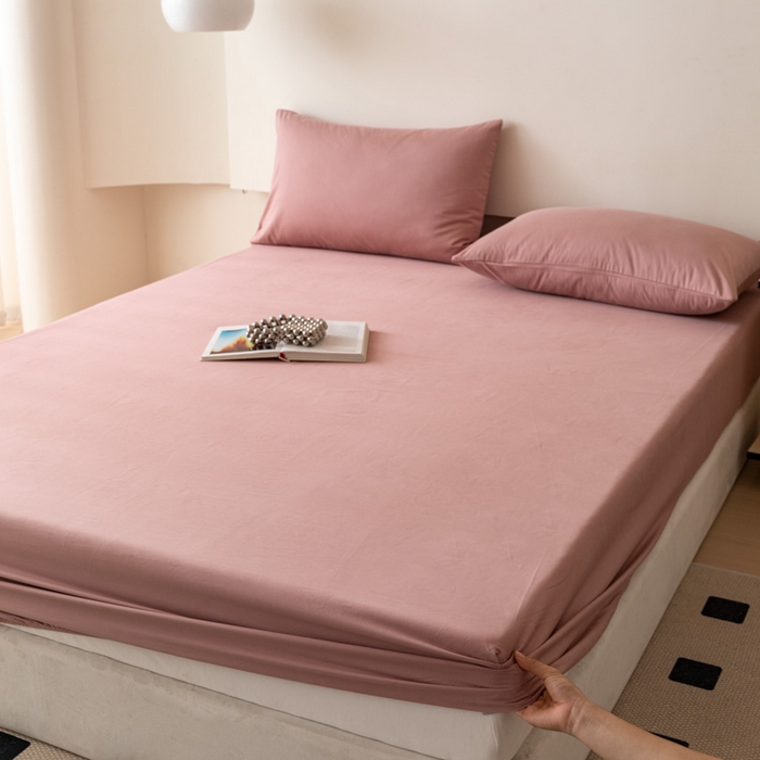 91家纺网 家纺一手货源 找家纺 怡家居 2023新款全棉100支磨毛纯色单品床笠 雾玫粉
