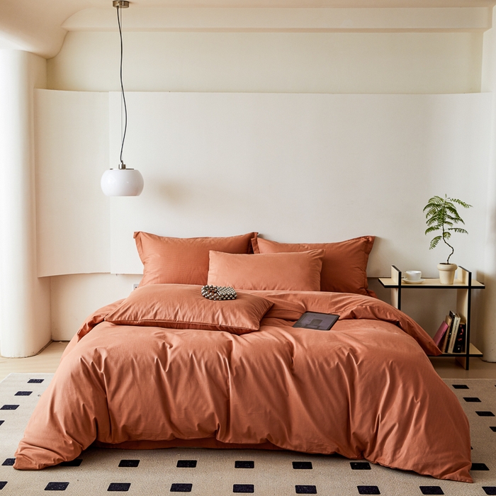 91家纺网 家纺一手货源 找家纺 怡家居 2023新款全棉100支磨毛纯色四件套 晚霞红