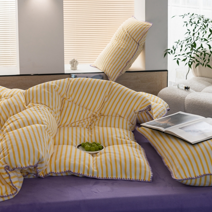 91家纺网 家纺一手货源 找家纺 洋铭区（原狠狠爱） 2023新款ab版牛奶绒心动系列条纹四件套 心动黄白条