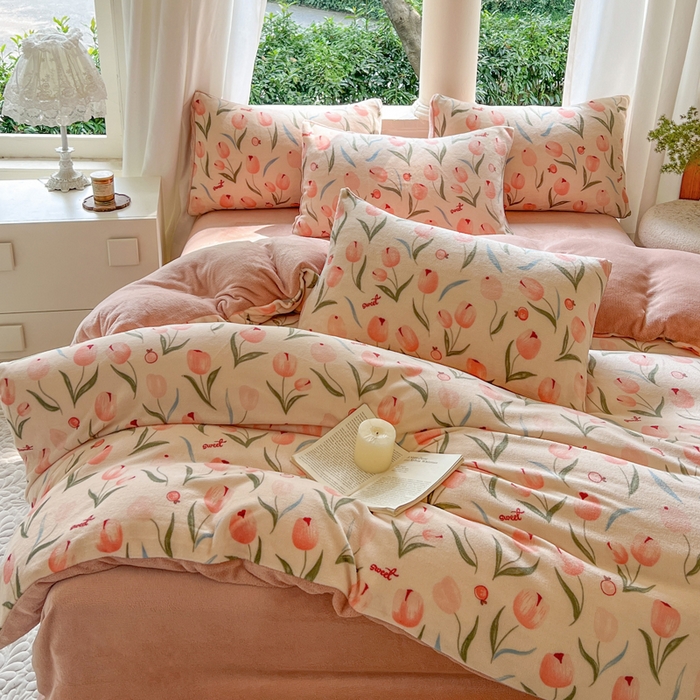 91家纺网 家纺一手货源 找家纺 仟网汇 2023新款双面印花牛奶绒四件套 郁金香