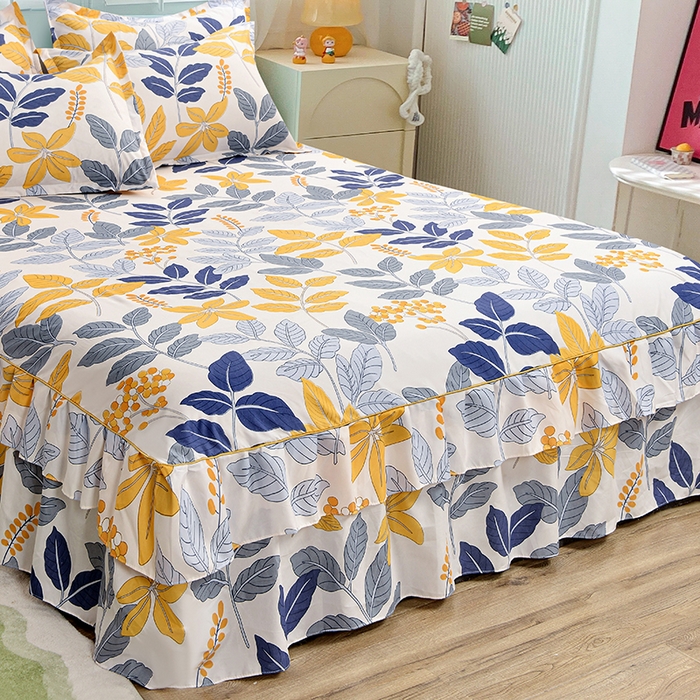 91家纺网 家纺一手货源 找家纺 小雨家纺 2026新款芦荟棉单件床裙及床裙三件套-第二批 梦露花园-黄