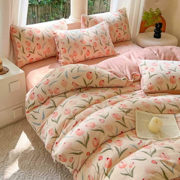 91家纺网 家纺一手货源 找家纺 仟网汇 2023新款双面印花牛奶绒四件套 郁金香