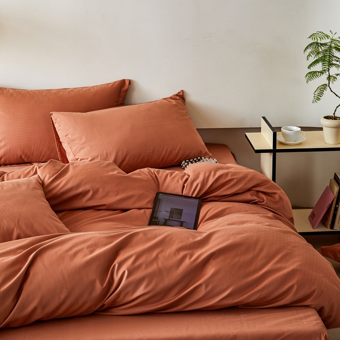 91家纺网 家纺一手货源 找家纺 怡家居 2023新款全棉100支磨毛纯色四件套 晚霞红