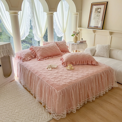 网红馆 2025新款高克重牛奶绒花边单床裙-山茶系列 山茶-粉