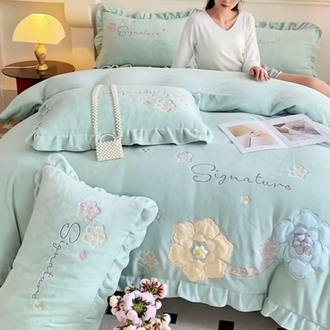 91家纺网 家纺一手货源 找家纺 可以家居 2024新款高克重全消光绣花四件套-潘多拉 潘多拉-新芽绿