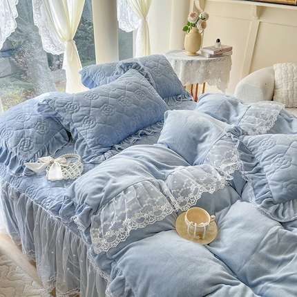 网红馆 2025新款高克重牛奶绒花边床裙四件套-山茶系列 山茶-蓝