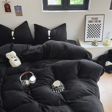山茶家纺 2023新款黑色系毛巾绣纯色牛奶绒四件套 黑色系-纯黑