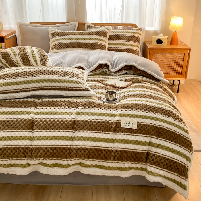 91家纺网 家纺一手货源 找家纺 澳梵家居 2023新款无印风豆豆绒牛奶绒包边工艺四件套 条纹-卡其绿