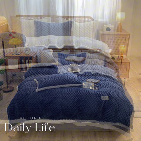 91家纺网 家纺一手货源 找家纺 澳梵家居 2023新款无印风豆豆绒牛奶绒包边工艺四件套 纯品-蓝