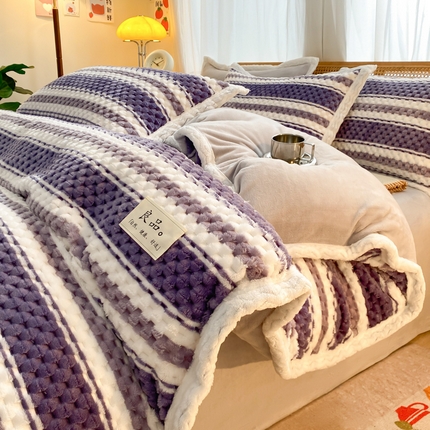 澳梵家居 2023新款无印风豆豆绒牛奶绒包边工艺四件套 条纹-蓝紫