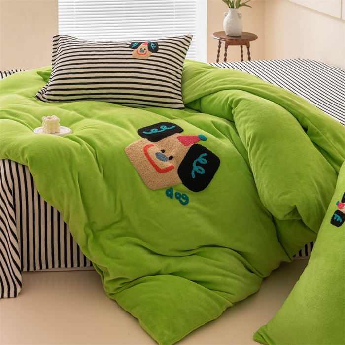 91家纺网 家纺一手货源 找家纺 洋铭区（原狠狠爱） 2023新款AB版牛奶绒四件套-元气满满系列 元气满满绿