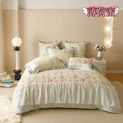 91家纺网 家纺一手货源 找家纺 塔塔 2025新款250g全消光少女轻奢牛奶绒工艺款四件套 薄荷蜜