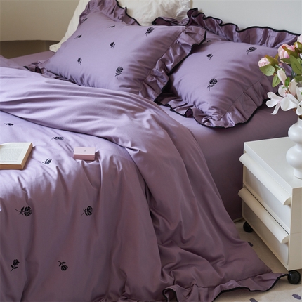 91家纺网 家纺一手货源 找家纺 窝米 2023新款100支长绒棉刺绣款四件套 玫瑰紫