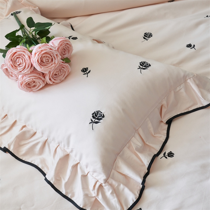 91家纺网 家纺一手货源 找家纺 窝米 2023新款100支长绒棉刺绣款四件套 玫瑰茶粉