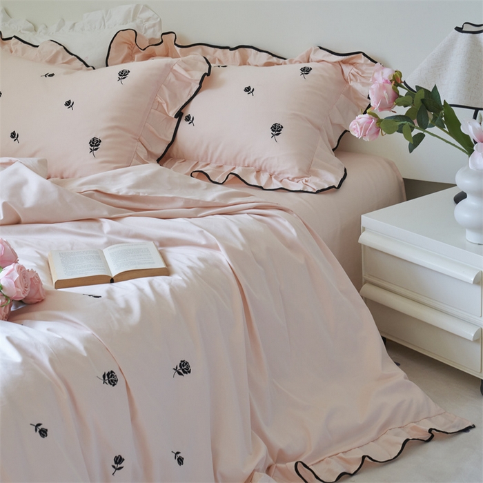 91家纺网 家纺一手货源 找家纺 窝米 2023新款100支长绒棉刺绣款四件套 玫瑰茶粉