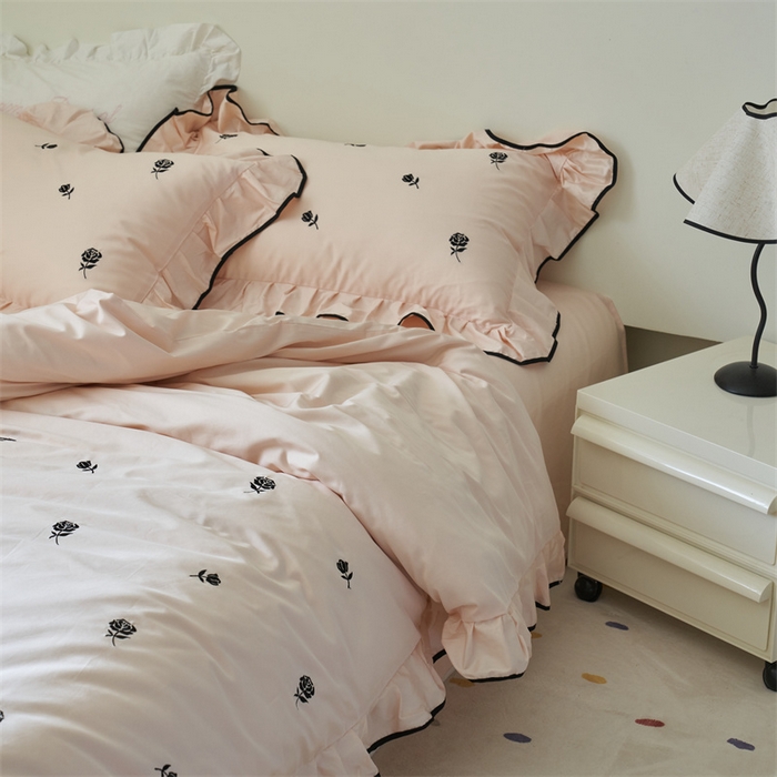 91家纺网 家纺一手货源 找家纺 窝米 2023新款100支长绒棉刺绣款四件套 玫瑰茶粉