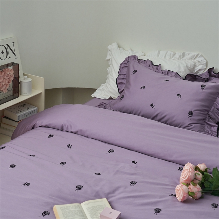 91家纺网 家纺一手货源 找家纺 窝米 2023新款100支长绒棉刺绣款四件套 玫瑰紫