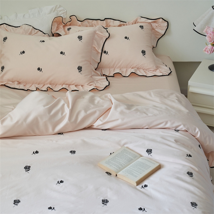 91家纺网 家纺一手货源 找家纺 窝米 2023新款100支长绒棉刺绣款四件套 玫瑰茶粉