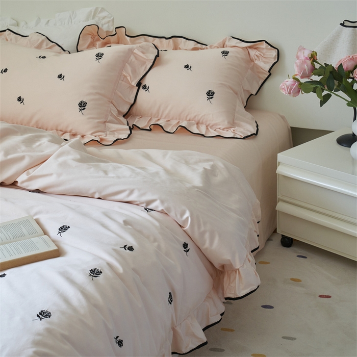 91家纺网 家纺一手货源 找家纺 窝米 2023新款100支长绒棉刺绣款四件套 玫瑰茶粉