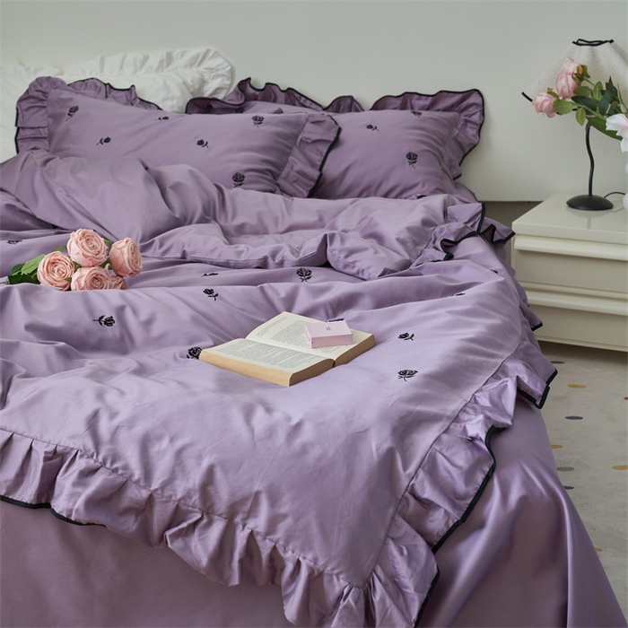 91家纺网 家纺一手货源 找家纺 窝米 2023新款100支长绒棉刺绣款四件套 玫瑰紫