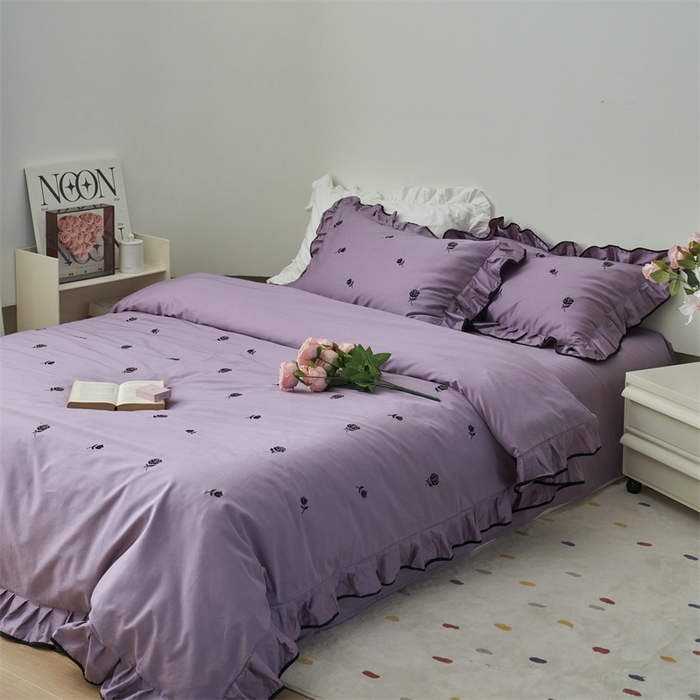 91家纺网 家纺一手货源 找家纺 窝米 2023新款100支长绒棉刺绣款四件套 玫瑰紫