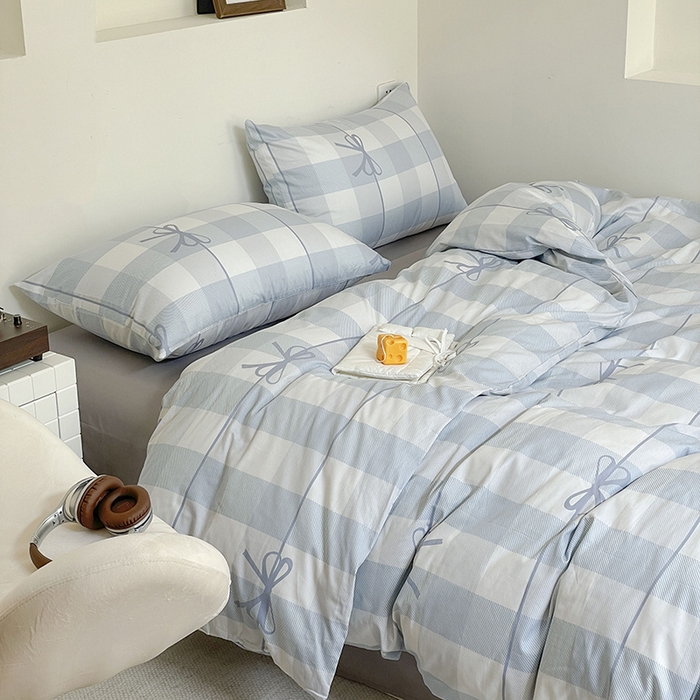 91家纺网 家纺一手货源 找家纺 窝米 2024春季新品13370全棉四件套系列 蝴蝶结蓝