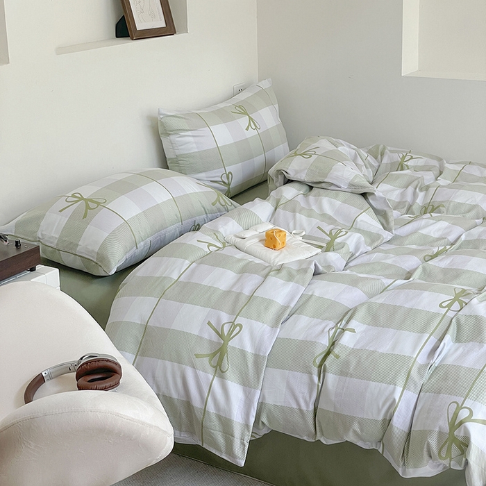 91家纺网 家纺一手货源 找家纺 窝米 2024春季新品13370全棉四件套系列 蝴蝶结绿