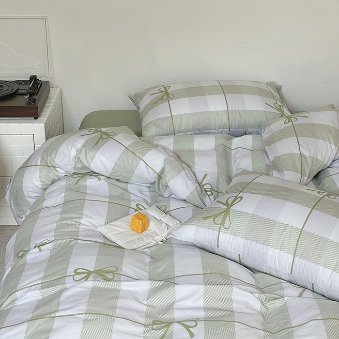 91家纺网 家纺一手货源 找家纺 窝米 2024春季新品13370全棉四件套系列 蝴蝶结绿