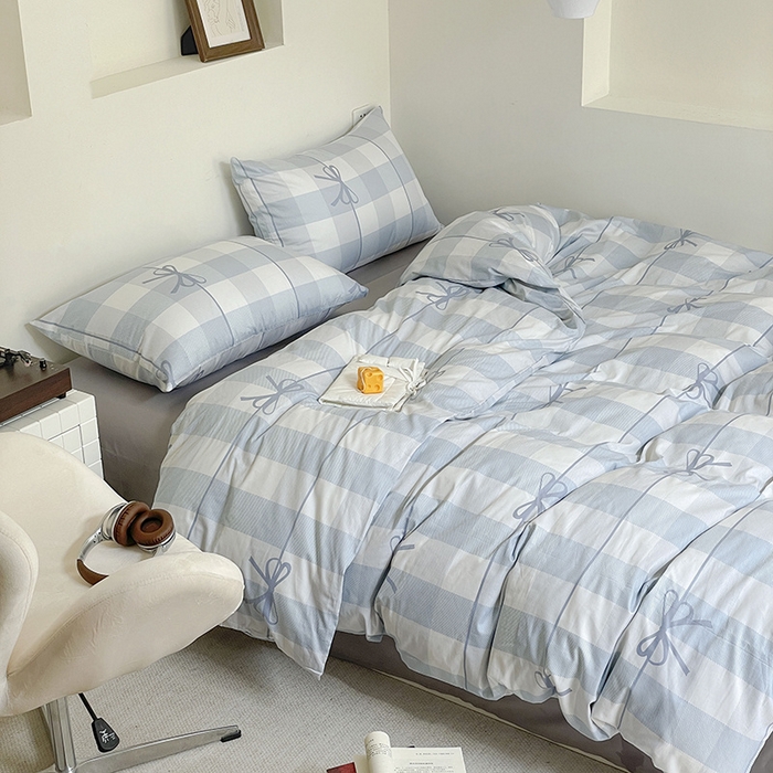 91家纺网 家纺一手货源 找家纺 窝米 2024春季新品13370全棉四件套系列 蝴蝶结蓝