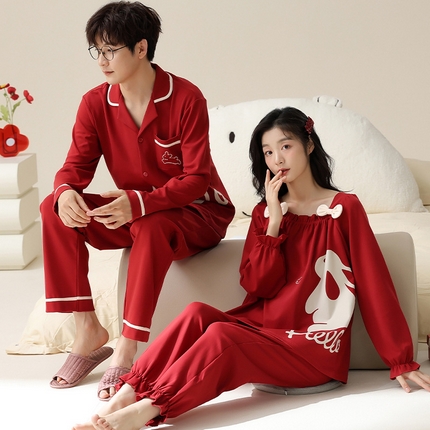 91家纺网 家纺一手货源 找家纺 （总）洛兰沙家居馆【只代发】【只代发】 2023新款红色结婚睡衣纯棉套装新婚嫁娶本命年全棉情侣家居服